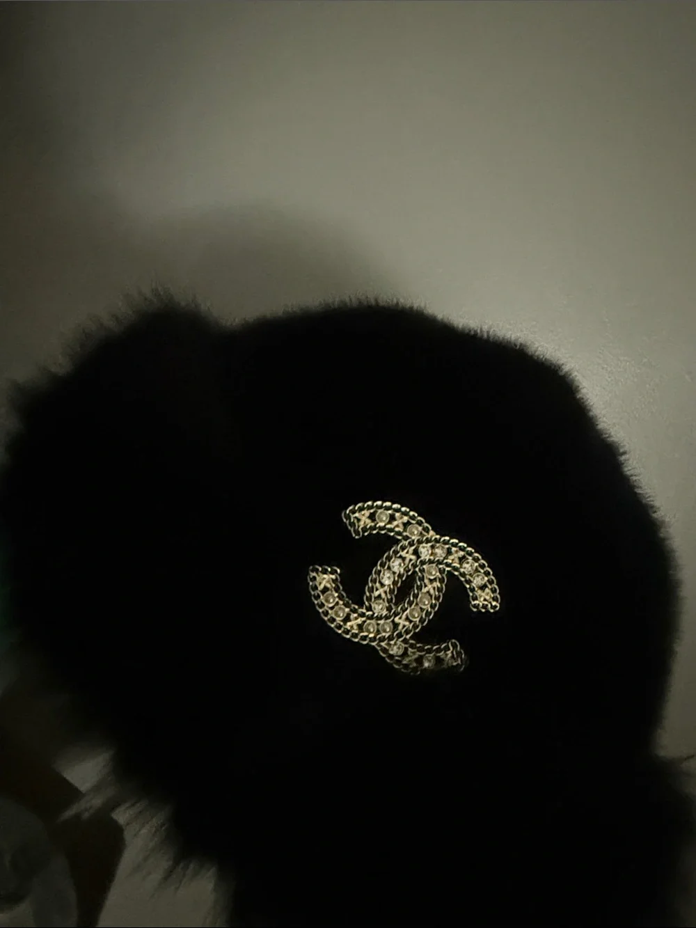 Black Fur Hat with Gold Chain CC Emblem